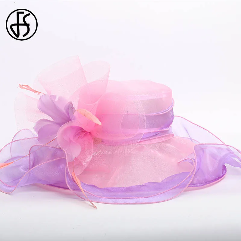 FS органзы шляпа от солнца для женщин элегантные Кентукки Дерби с широкими полями