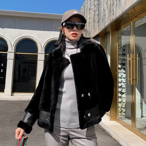 Черный Двустороннее меховое пальто Highstreet Minik, шуба с зубчатым вырезом, двубортная Меховая куртка Mot, женская зимняя повседневная Толстая теплая верхняя одежда - Цвет: Черный