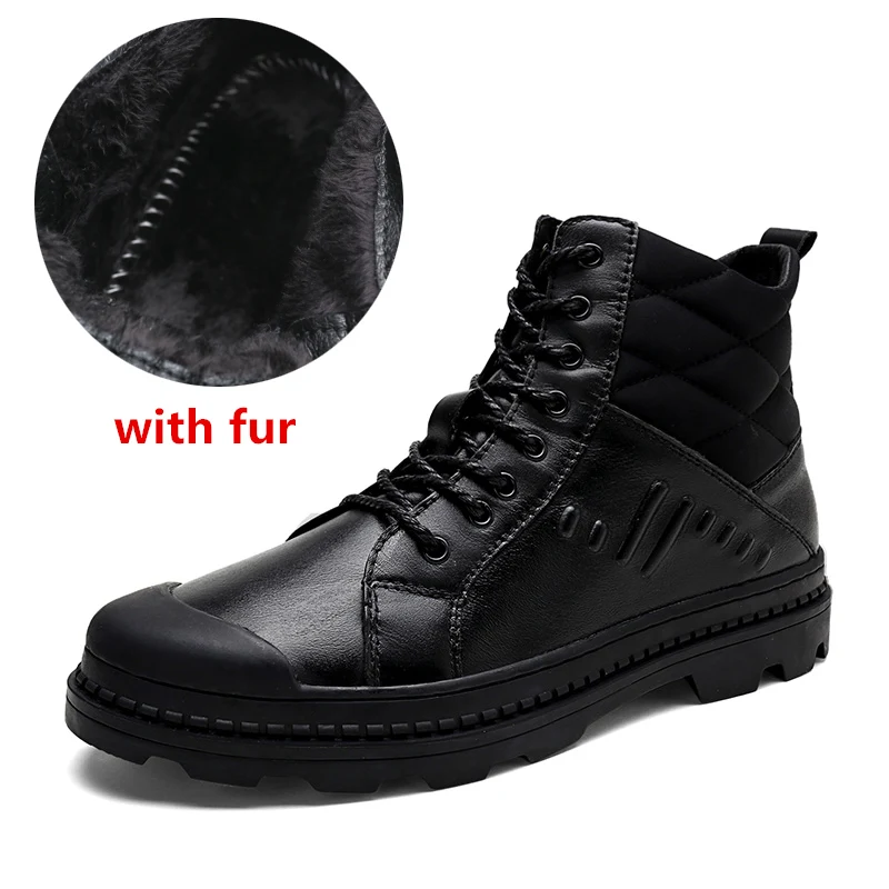 black fur Мужские водонепроницаемые Модные ботильоны на меху; теплые зимние ботинки; ботинки из натуральной кожи; обувь на плоской платформе со шнуровкой; Botas s5 - Цвет: black fur