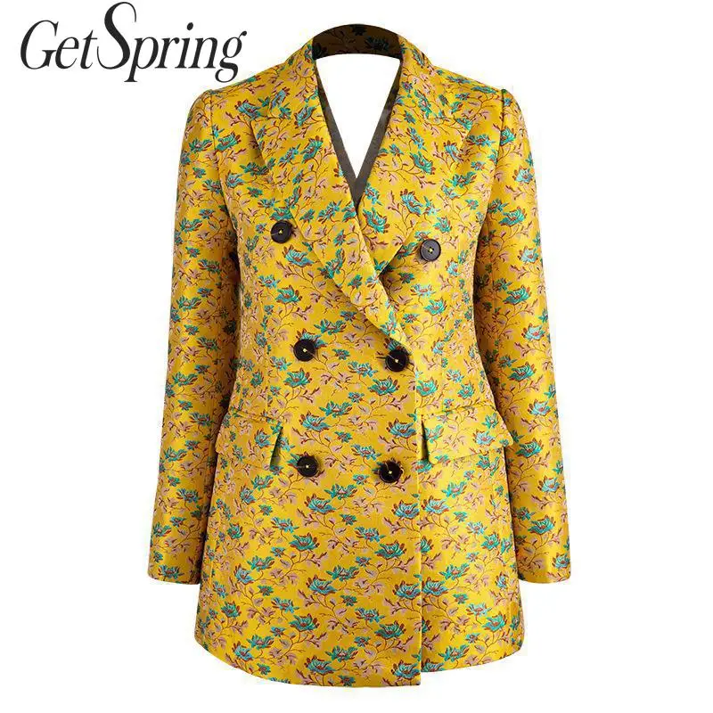 

GetSpring Women Blazer Double Breasted Long Sleeve Ladies Yellow Blazer Coat Retro Embroidered Jacquard Women's Suit Jacket 2019