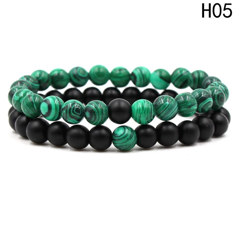 H05 Новое поступление Малахитовый матовый камень дистанционный браслет набор Очаровательные Круглые бусины эластичный браслет для пары для женщин и мужчин ювелирные изделия - Окраска металла: H05