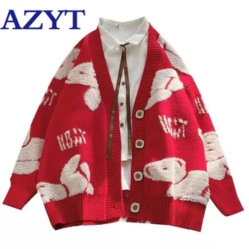 

AZYT Cute Cartoon Print Knit Female Cardigan Jacket 2020 V Neck Loose Vintage Knitshirt Women Harajuku Casual Outdoor Cardigan