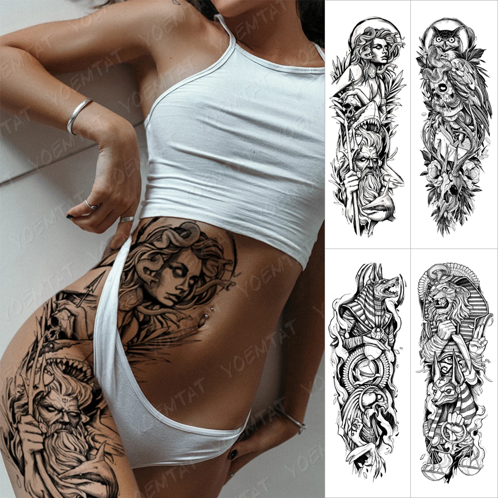 Waterproof Temporary Big Arm Sleeve Tattoo Sticker Greek Goddess Medusa Poseidon Owl Flash Tattoos Woman Body Art Fake Tatto Men