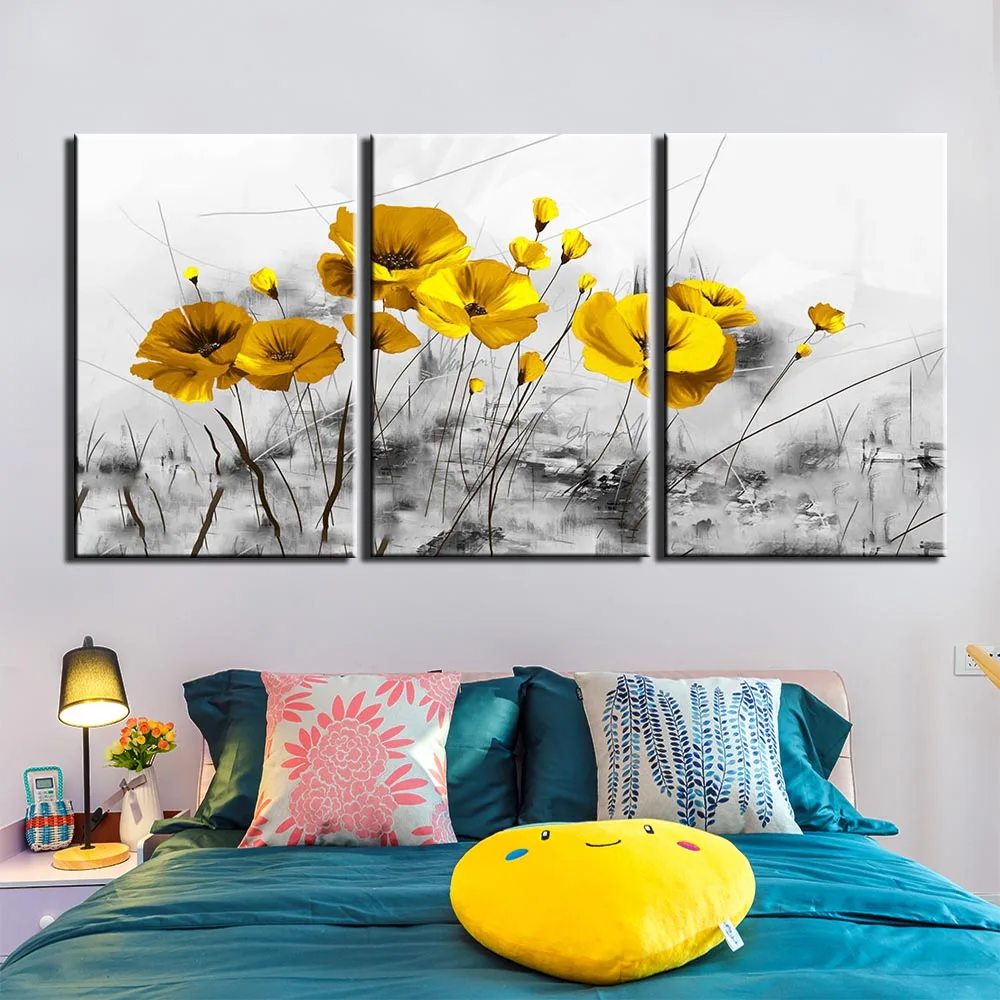 

3 Pieces Vintage Yellow Flowers Floral Posters Pictures Canvas Wall Art HD Home Decor Paintings for Living Room Decorations