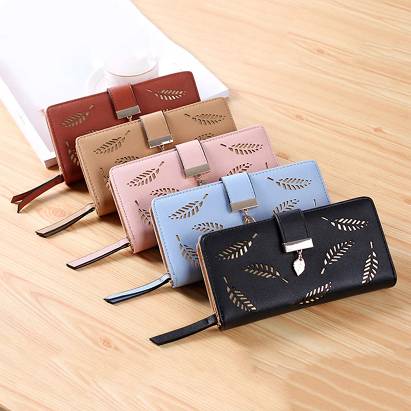 Women's Wallet PU Leather Long Card Holder Clutch Hollow Out Leaves