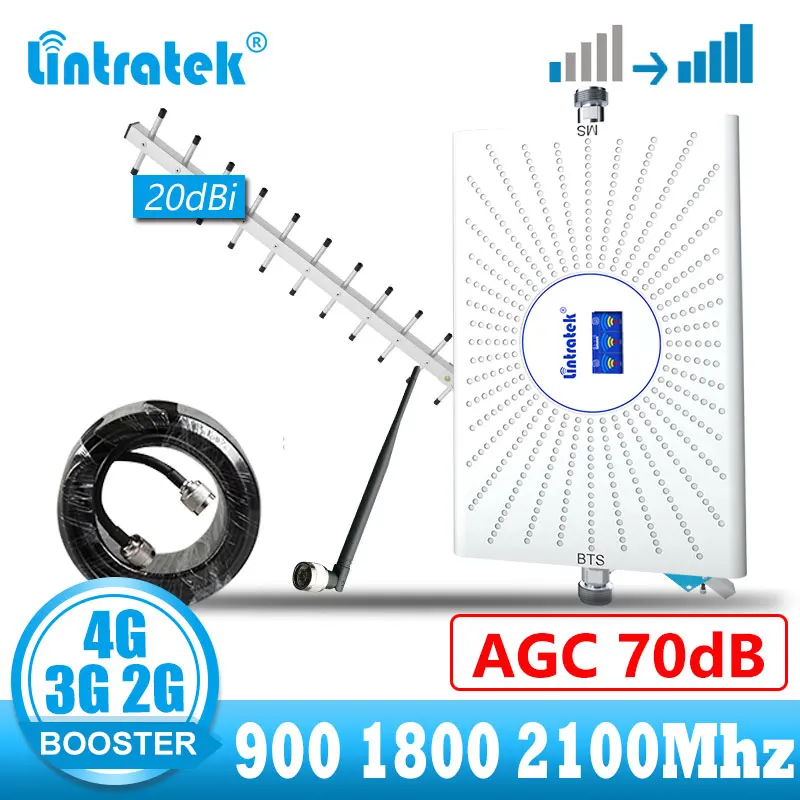 lintratek AGC 70dB 900 1800 2100 Cellular Amplifier Repeater GSM 2G 3G 4G Signal Booster Mobile phone call 20dBi yagi kit