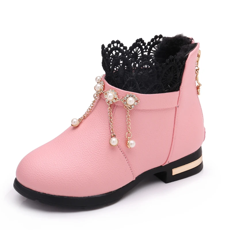 pink Fashion Lace Lace Beads Tassel Princess Leather Boots For Girls Size Kids Warm Shoes Children Waterproof Boots 4- 12 Year Old - Цвет: pink