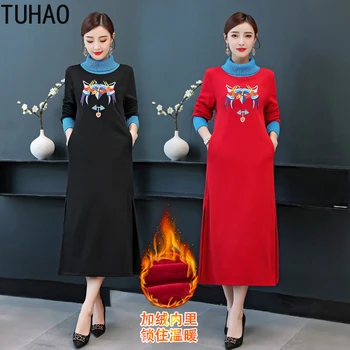 

2020 Vintage 3XL 4XL Plus Size Thick Warm Dress spring Winter Turtleneck Retro Dress Elegant Women Party Dresses WM10