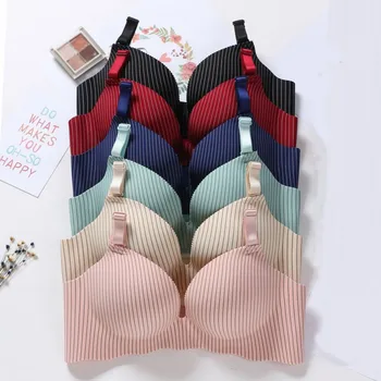 

2020 B Women Striped Print Padded One-Piece No Trace No Steel Ring Gathered Back Closure Bra Adjustable Wide Shoulder Strap Bra