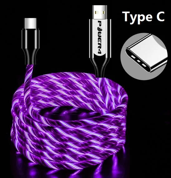 Type-C-Purple Power4 Прохладный светящийся USB C Микро зарядный кабель три разъема доступны для Lightning/Apple Android type-C зарядки мобильного телефона - Цвет: Type-C-Purple
