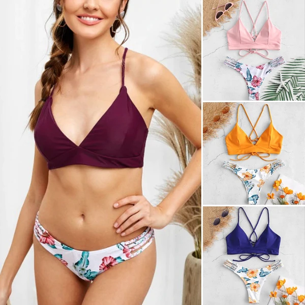 

Newly Women's Split Swimsuit Floral Pattern Two-piece Bikini Suitable for Summer Swimming Beach VK-ING