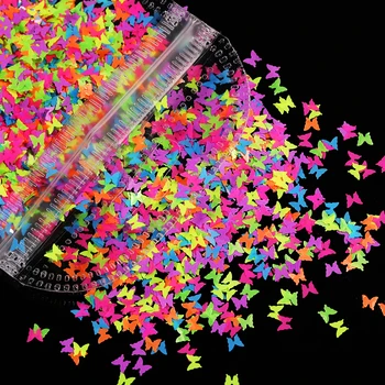 

1 Bag Colorful 3D Neon Pink/Yellow/Blue Sequins Butterfly And Heart Patterns Nail Art Glitter Flakes Nail Art Powder Decoration