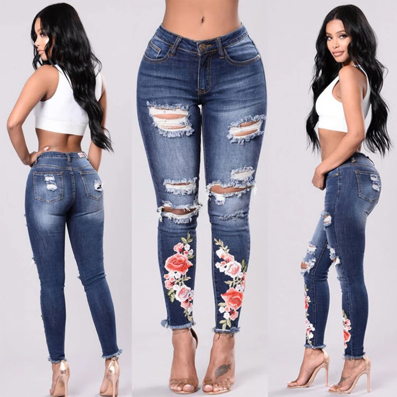 

Summer Embroidery Ripped Women's Jeans High Waist Stretch Skinny Pencil Pants Woman Big Flowers Elastc Trousers With Holes Denim
