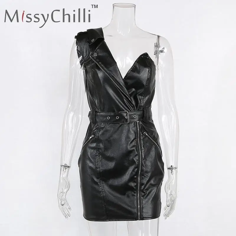 MissyChilli асимметричное облегающее платье из искусственной кожи на одно плечо сексуальное вечернее платье с открытой спиной и поясом женское модное черное платье на молнии Новинка
