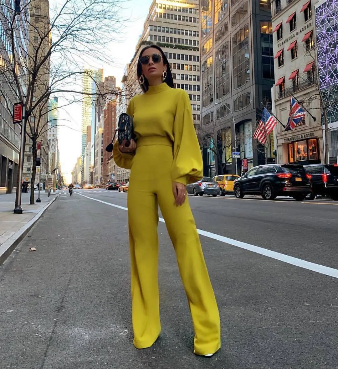 

Genuo New 2019Women Spring Fashion Elegant Office Lady Workwear Casual Long Jumpsuits High Neck Lantern Sleeve Wide Leg Overalls
