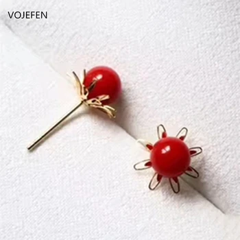 

VOJEFEN 6-7mm Freshwater Pearl Earrings for Women Girls 18K Yellow Gold Flower Stud Earrings -(red,white) 2020 New Jewelry