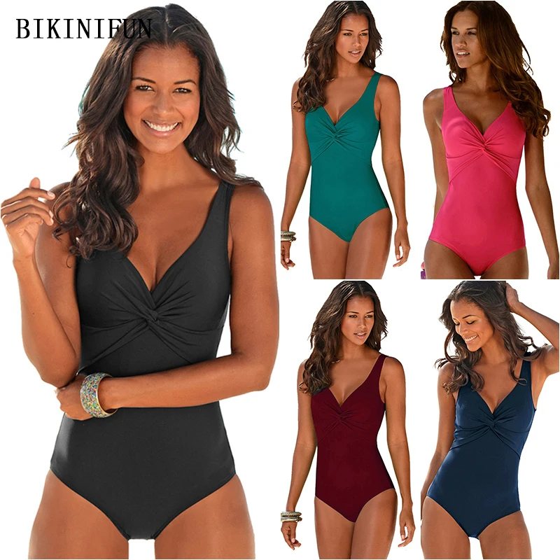 

2020 New Sexy Front Knot Swimsuit Women Solid Color One Piece Suit Plus Size S-4XL Girl Backless Bathing Suit Low Back Swimwear