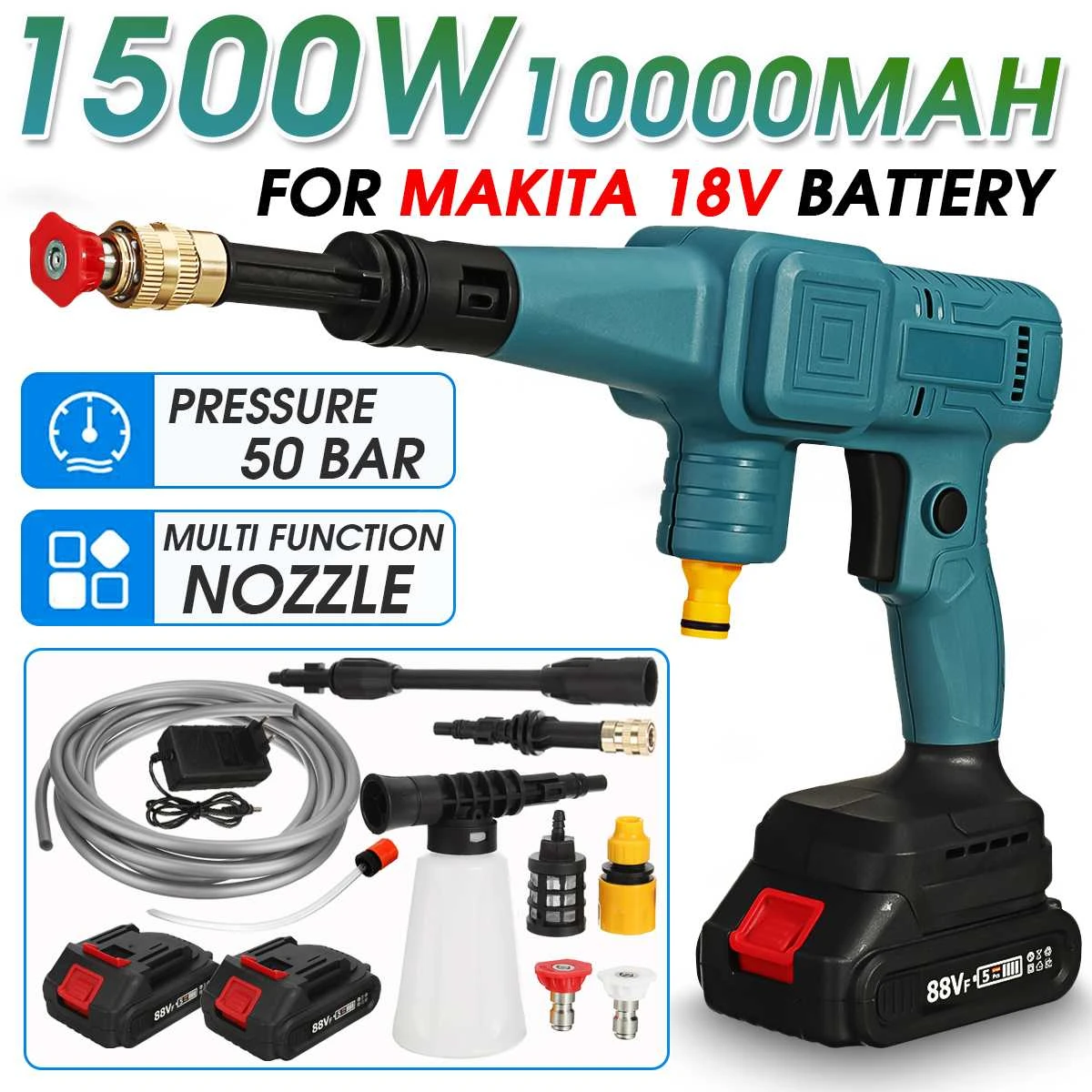 50bar High Pressure 1500w Cordless Washer Car Spray Water Gun 1000mah