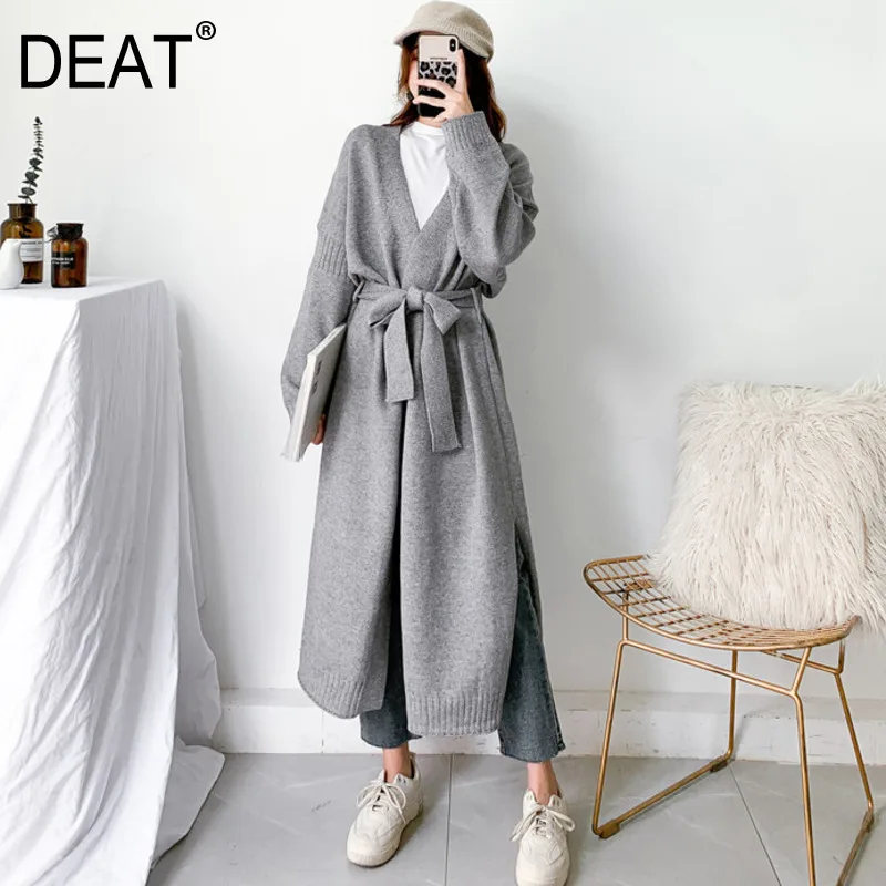 DEAT 2020 new V-neck lantern sleeves pocket gray color full sleeve open stitch knits cardigan female sweater 19F-a143-01 |