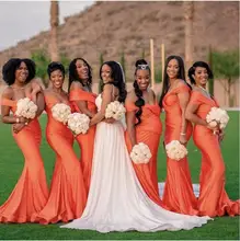 African Satin Mermaid Bridesmaid Dresses  Off the Shoulder Ruched Ruffles Long Plus Size Wedding Guest Maid Of Honor Dresses