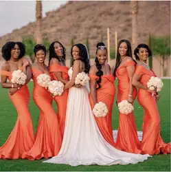 African Satin Mermaid Bridesmaid Dresses  Off the Shoulder Ruched Ruffles Long Plus Size Wedding Guest Maid Of Honor Dresses