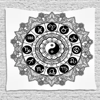

Ying Yang Decor Round Zodiac Theme Design in Centre Astrological Signs Print Wall Hanging for Bedroom Room Dorm Black and White