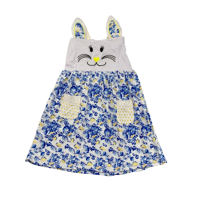 Holiday Sale Spring Cute Bunny Face Embroidery Ears Blue Floral Children Summer Dress | Детская одежда и обувь