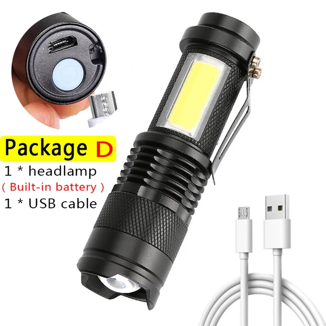 Built In Battery Q5 Portable Mini Led Flashlight Zoom Torch COB Lamp 2000 Lumens Adjustable Penlight Waterproof for Outdoor package D