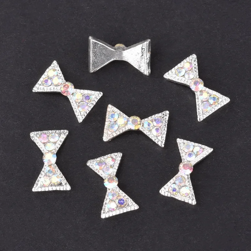 10pcs 3d bow tie nail decoration accessories silver strass rhinestones AB White diamond glitter metal charms for nails QB007-008