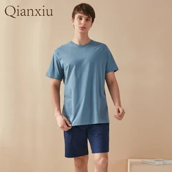 Women's Solid Color Round Neck Short Sleeve Suit Cotton Homewear Men Pajama Sets Sleepwear Home Clothes 3XL Large Size Nightgow
