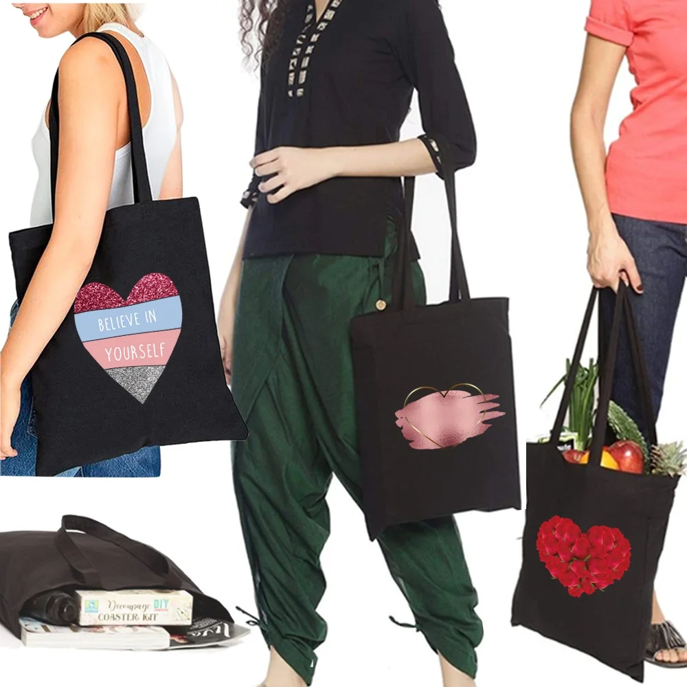 

Shopping Bags Large Capacity LOVE Series Pattern Shopping Bag Canvas Bag Reusable Eco-friendly Tote Bag Women's Shoulder Bags