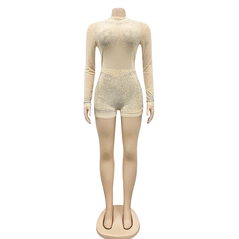 Kricesseen Sexy Diamond Crystal Skinny Short Jumpsuit Women New Stand Long Sleeve See Through Playsuit Night Clubwear Rompers
