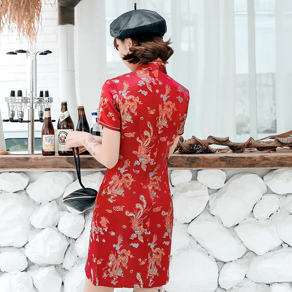 Knit Dragon Novelty Satin Chinese Dress Women Red Classic Mandarin Collar Short Cheongsam Vestidso Qipao Evening Party Gown