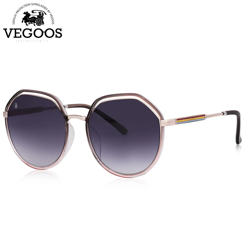 VEGOOS круглые женские солнцезащитные очки с защитой UV400, модные дизайнерские Роскошные брендовые нейлоновые линзы, металлическая оправа, женские оттенки#6183 - Цвет линз: Purple Grey