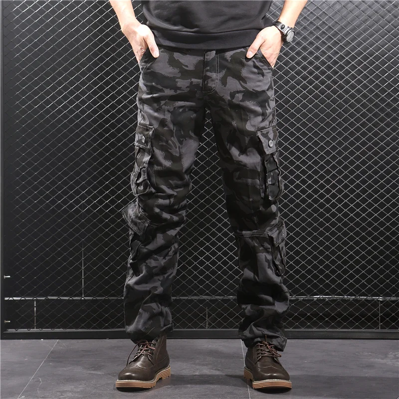 Мужские камуфляжные брюки, хлопковые военные брюки-карго, камуфляжные брюки с несколькими карманами, хип-хоп джоггеры, уличные комбинезоны, армейские брюки 44 - Цвет: Черный
