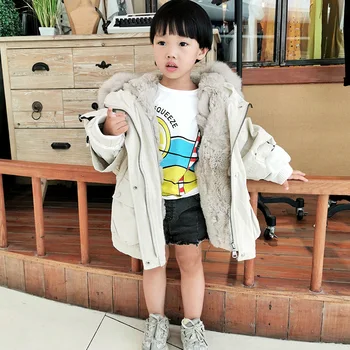 

Baby Girl Boy Three Quarter Sleeve Parka Winter Thick Warm Jacket Children Hooded Real Rex Rabbit Fur Collar Cotton Wadded Coat