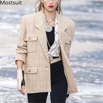 

2019 New Arrival Tweed Vintage Women Long Blazers Jackets Long Sleeve Notched Collar Pockets Fashion Elegant Ladies Blazers Coat