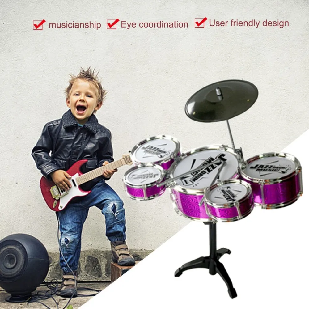 Детский Музыкальный барабан, игрушки для инструментов, 5 барабанов, имитация джазового барабана, набор с барабанчиками, клещи, Обучающие музыкальные игрушки для детей