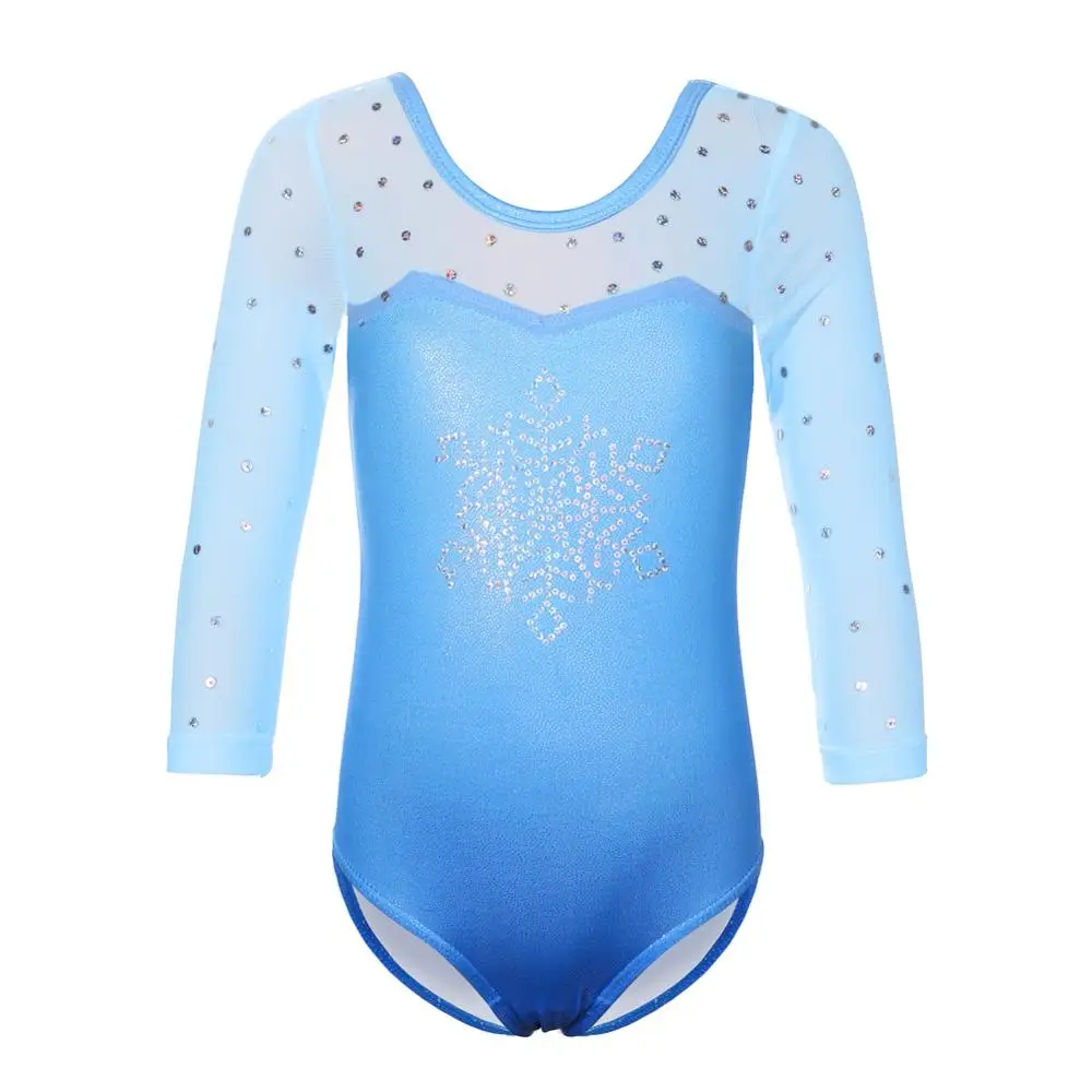 BAOHULU Girls Three-Quarter Sleeve Gymnastics Leotard Rhinestone Snowflake Pattern Ballet Sparkle Sequin Mesh Dance Wear | Тематическая
