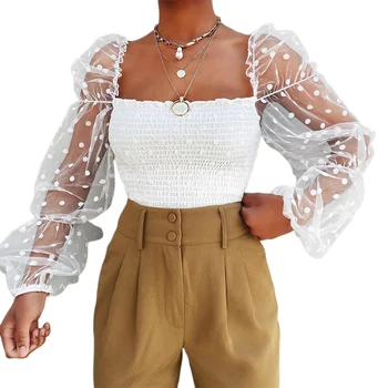 

Summer fashion women's T-shirt polka dot lace perspective bubble sleeve Pullover sexy Party Club shirt