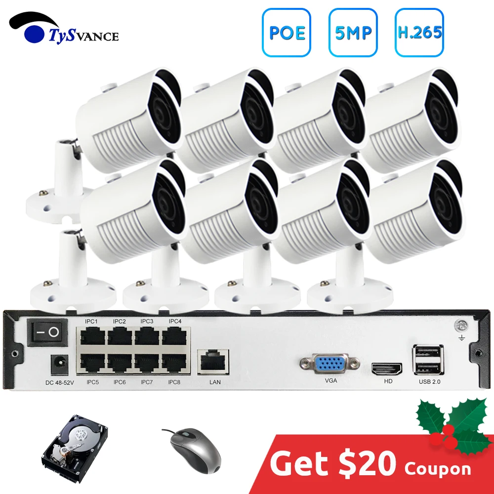 TySvance 8ch 5MP POE Комплект H.265 система видеонаблюдения до 16ch NVR наружная Водонепроницаемая ip-камера сигнализация видеонаблюдения Видео P2P