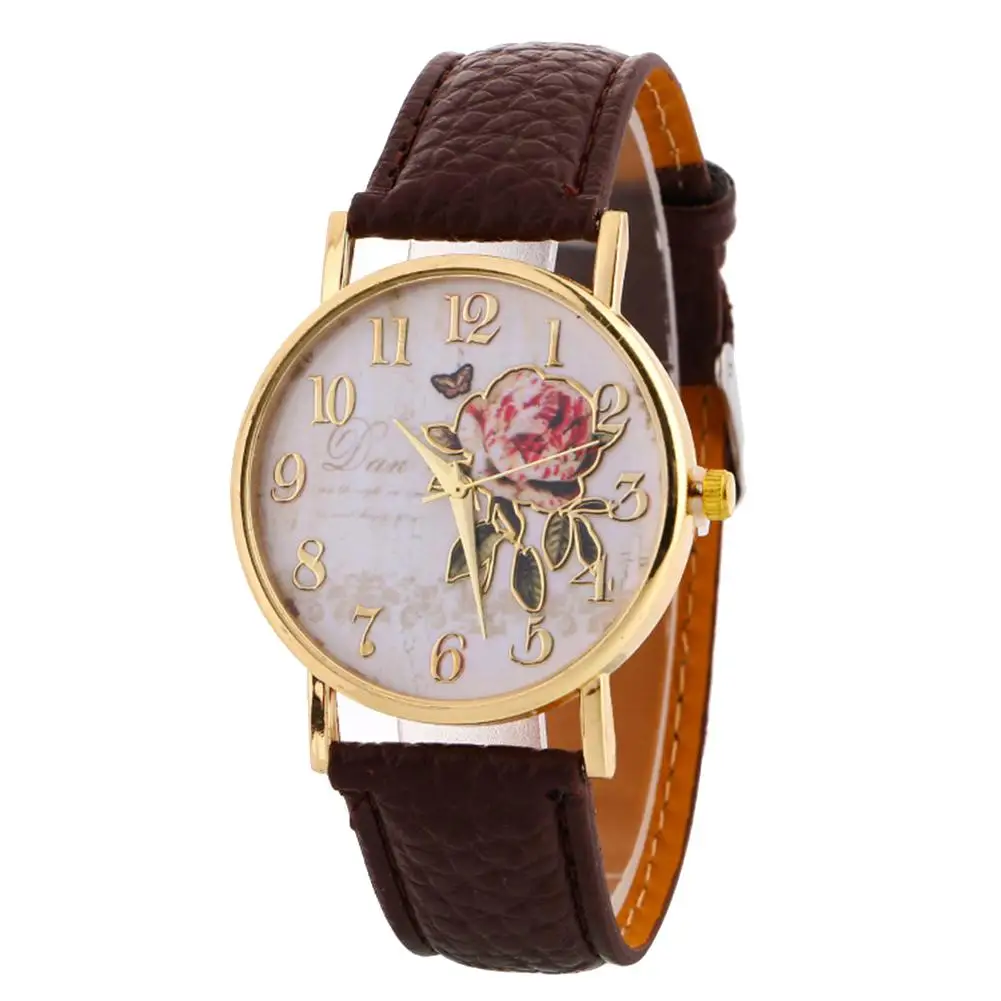 Women Rose Flower Round Dia Quartz Watch Faux Leather Band Arabic Number Wristwatch Christmas Gift