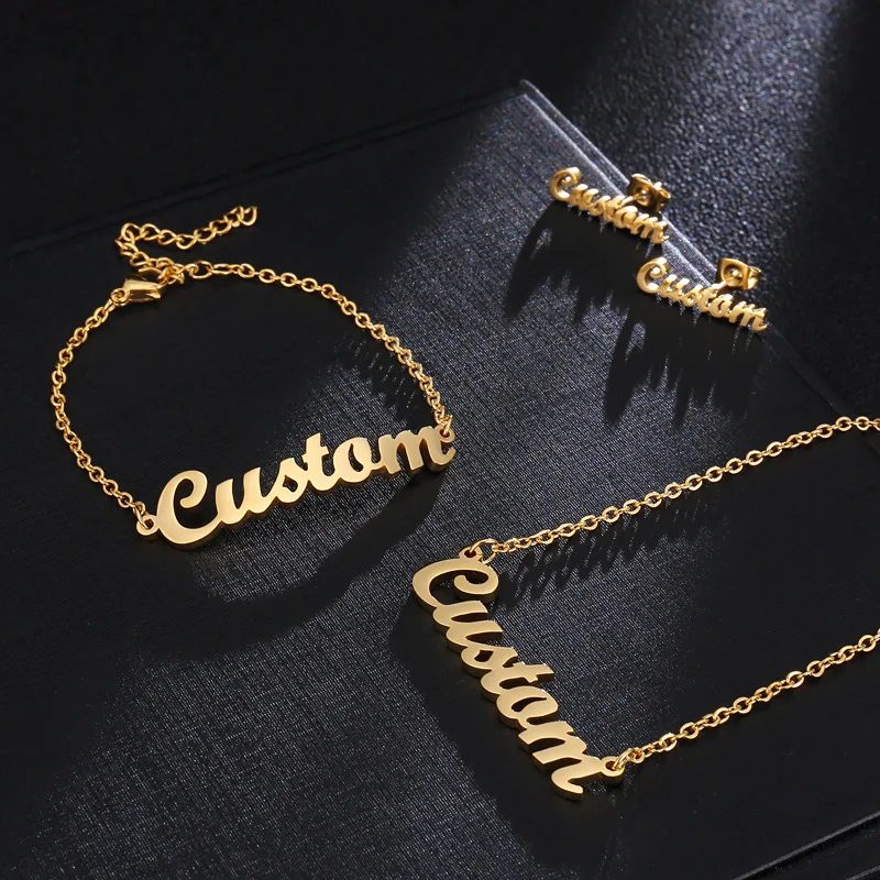 

Personalized Stainless Steel Name Necklace Pendant Custom Letter Choker Earrings Bracelet Necklace Jewelry Sets for Women Gifts