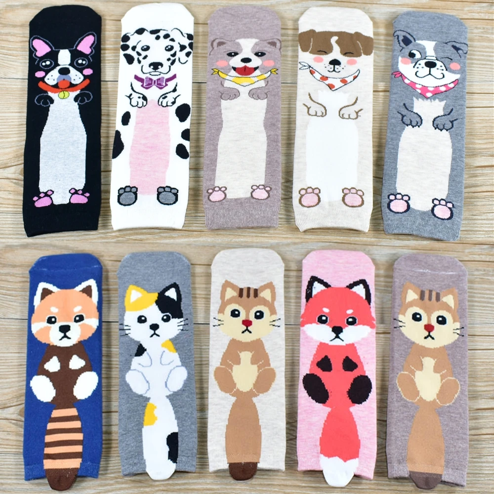 10 pairs of socks Женские носки, популярные новые хлопковые носки с рисунком мопса и котенка, рождественские подарки, Забавные милые женские носки - Цвет: 10 pairs of socks