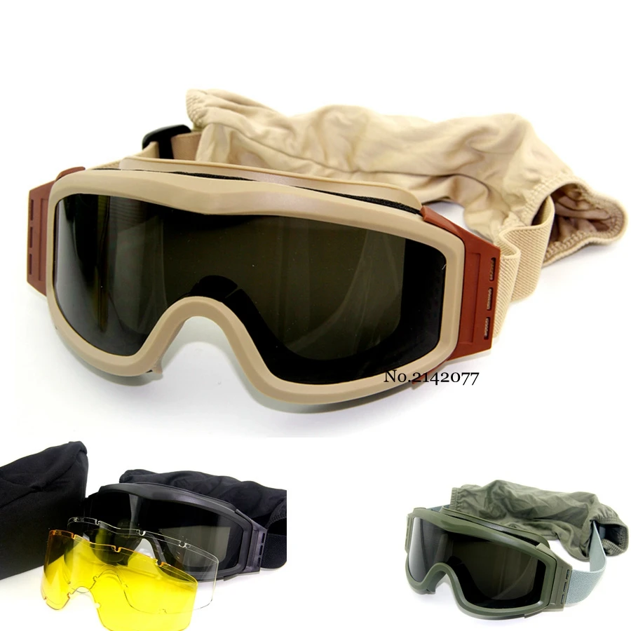 Military Airsoft Tactical Goggles Shooting Glasses Motorcycle Windproof Paintball CS Wargame Goggles 3 Lens Black Tan Green