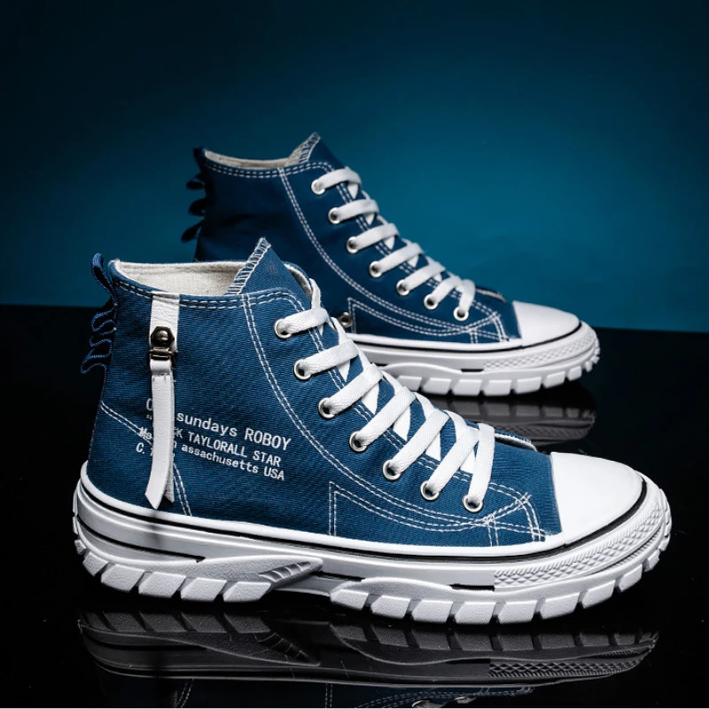 Fashion Men's Canvas Shoes High Top Flat Shoes For Men Blue Black