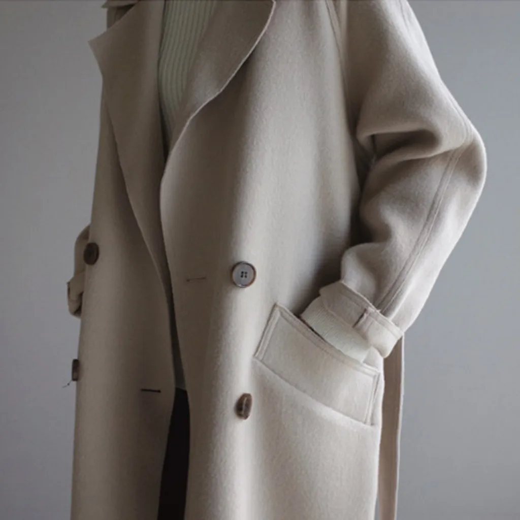 Зимнее женское пальто с широким нагрудным поясом и карманами, шерстяное пальто большого размера, длинное пальто, верхняя одежда, шерстяное пальто для женщин