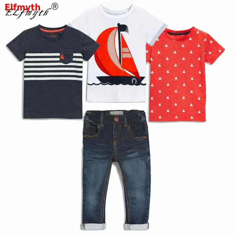 4 шт./компл. детей Костюмы Комплекты Одежда для мальчиков Conjunto Infantil; богемный комплект, Roupa Menino для маленьких мальчиков футболка+ джинсовые штаны Ouftits