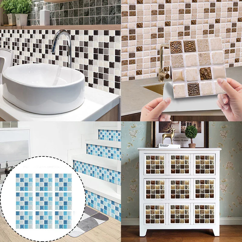 PVC Self-adhesive Mosaic Tile Stickers Waterproof Bathroom Wall Decal Home Decor 