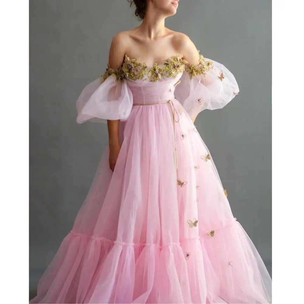

Elegant Pink robe de soiree Strapless Prom Gown Formal Dress with Detachable Sleeves Gold Appliques abendkleider Evening Wear